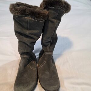 Bass Denver Boots Womens 7M Grey Suede Faux Shearling Fair Mid-Calf Winter Laced